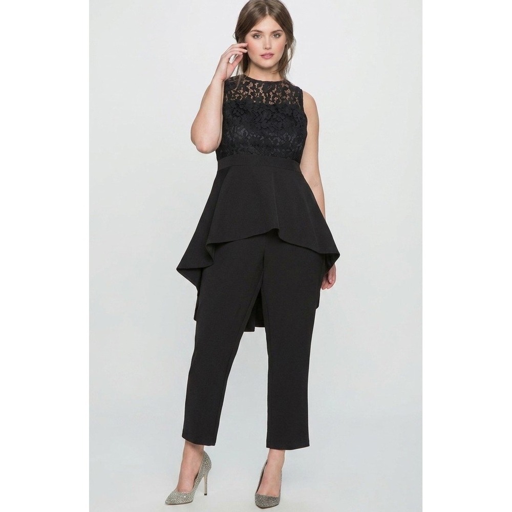 Eloquii Studio Jumpsuit Women 24 Black Lace Peplum Sleeveless Floral Tapered Leg